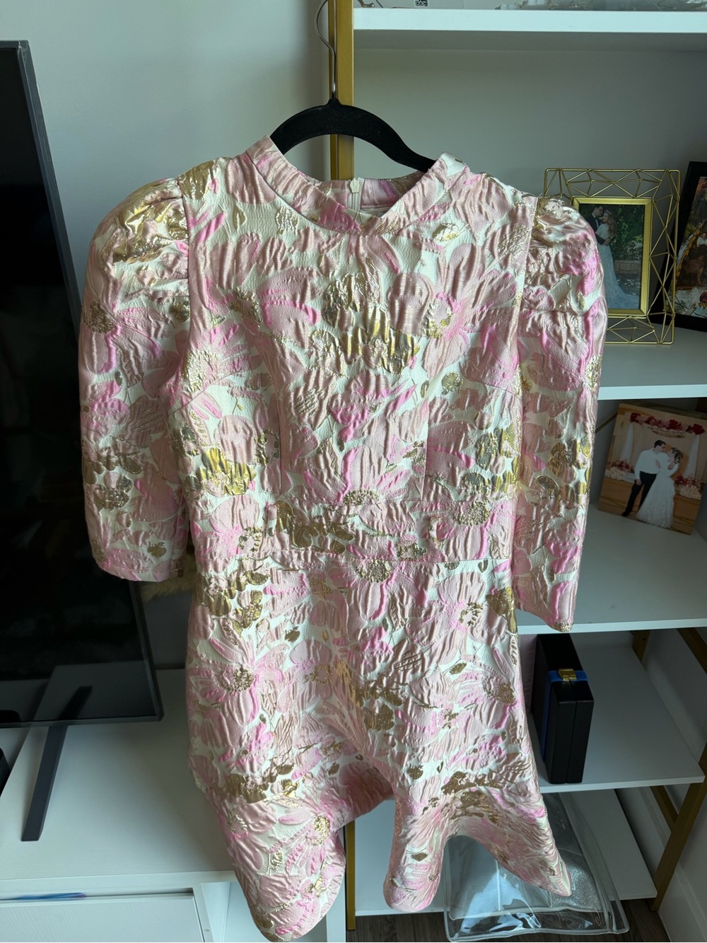 Pink and Gold Floral Midi Dress with Puff Sleeves